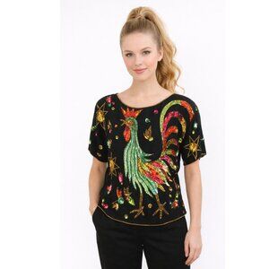 Vintage Pure Silk Beaded Sequin Rooster Top Made in India – S